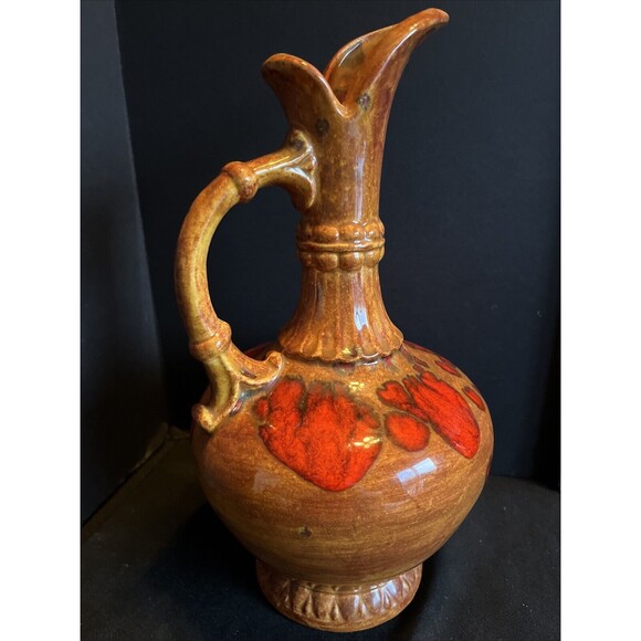 VTG MID-CENTURY 60’s BAR HARBOR MAINE POTTERY PITCHER BROWN ORANGE DRIP GLAZE - Picture 2 of 10